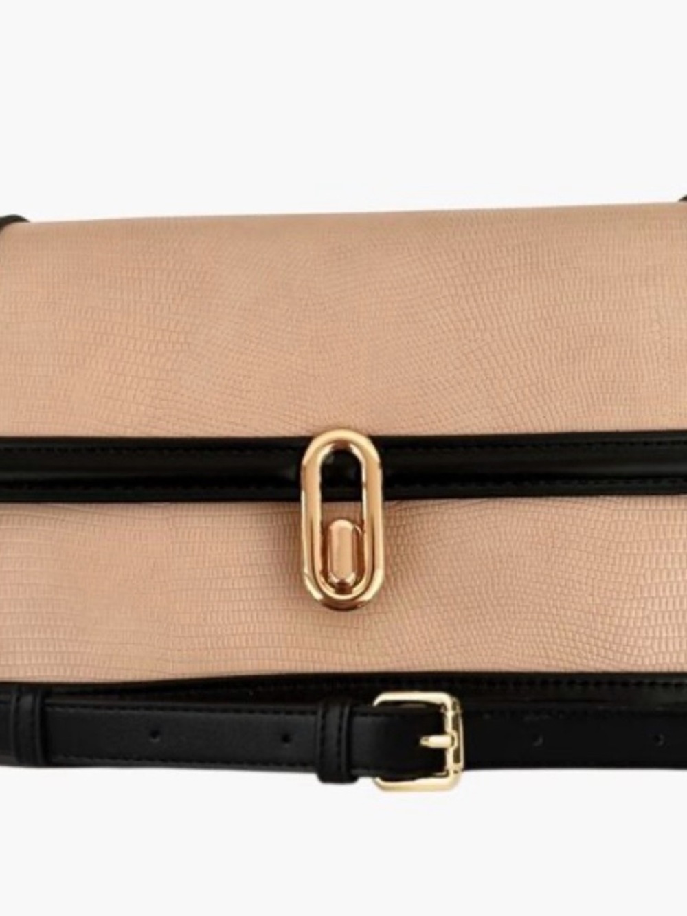 Elegant Beige and Black Crossbody Bag with Gold Accent